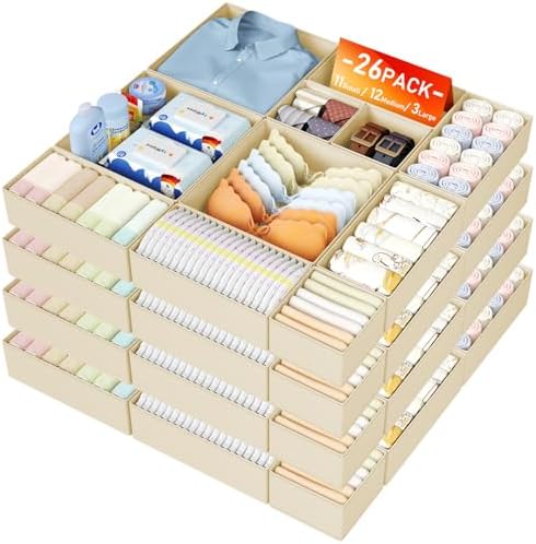 DIMJ Drawer Organizer Clothes, 26 Pack Dresser Organizer, Foldable Closet Organizers and Storage, Fabric Dresser Bins, Drawer Dividers for Nursery, Baby Clothes, Underwears, Sock,Beige