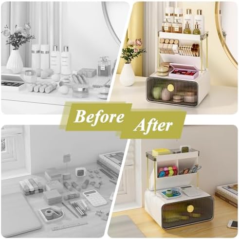 FOLLOWIN 3 Tier Makeup Organizer, Vanity Desk Cosmetic Display with Drawer