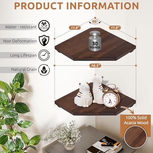 Demigo Hexagon Corner Floating Shelves, 2-Pack Acacia Wood Wall Shelf