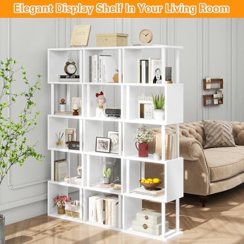 IBUYKE 6-Tier Tall Bookshelf,S-Shaped Geometric Bookcase,White WBC016W