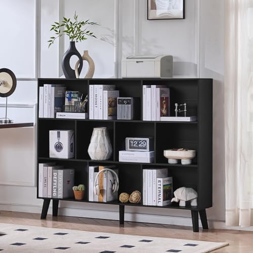 LEYAOYAO 10 Cube Bookshelf, Mid-Century Modern Book Shelf with Legs, Black