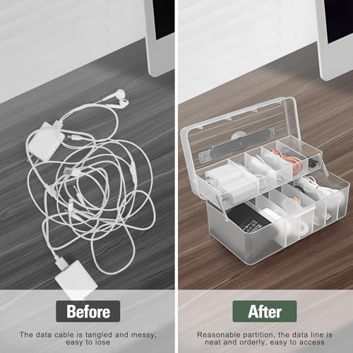 FYY Cord Storage Organizer Box - 11 Compartment Frosted Clear Cable Storage Organizer With Lid, High Capacity Dustproof 