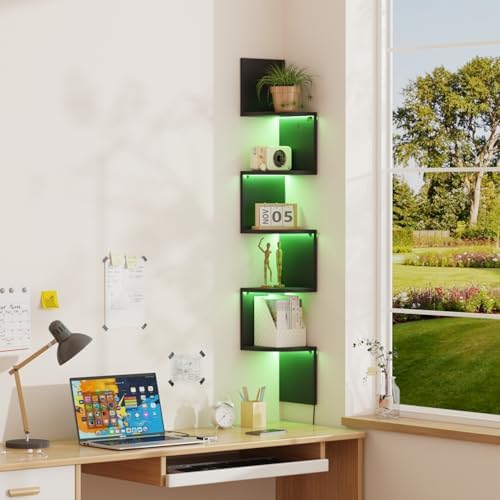 Qupui 49" Corner Wall Shelf with LED, 5-Tier Floating Bookshelf, Black
