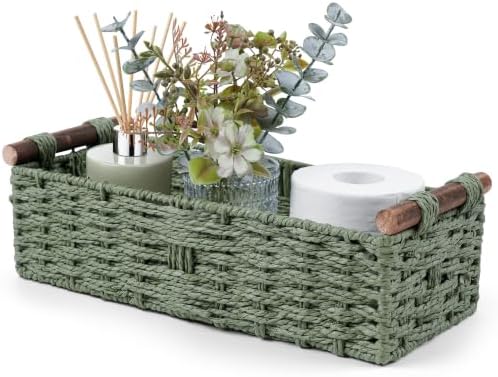 Round Paper Rope Storage Basket Wicker Baskets for Organizing with Handle Decorative Storage Bins for Countertop Toilet Paper Basket for Toilet Tank Top Small Baskets Set,Green