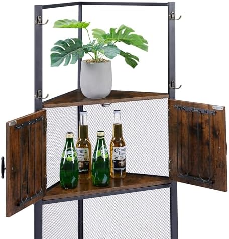 VECELO 4 Tier Corner Cabinet, 59" Tall Standing Organizer with 4 Dual-Hooks, Storage Rack, Narrow Bookshelf Display Shel