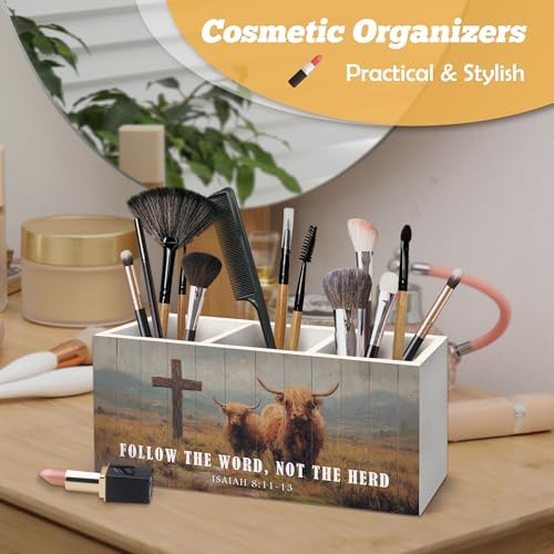 Christian Highland Cow Pen Holder Organizer for Desk Accessories, Follow the Word Not the Herd Bible Verse Rustic Highland Cow Wooden Box Sign Desk Decorations for Home Office Decor