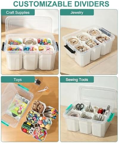 EOENVIVS Clear Storage Boxes with 6 Tall Inserts, Large Plastic Organizer Box with Lid and Handles, 15.94x11.61x7.28 Inc