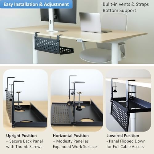 AEONS Universal Under Desk Cable Management Tray-Clamp Mount Hinged Swing Modesty Panel Organizer for Office Desks, Easy
