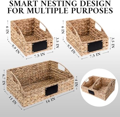 Hand-Woven Pantry Baskets for Organizing, Large Wicker Storage Baskets for Shelves with Labels, 2 Chalk Markers & Handle