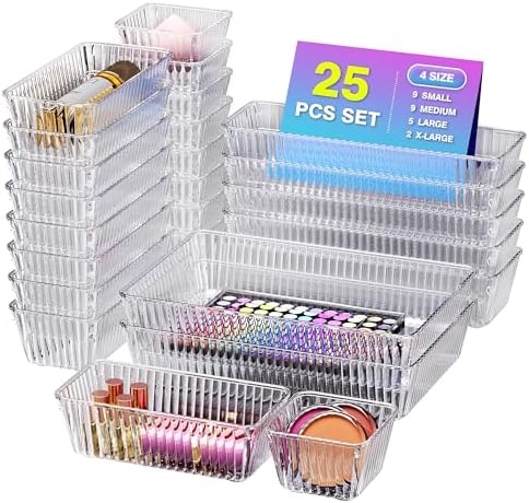 25 PCS Clear Plastic Drawer Organizer Set, Makeup Organizer Trays