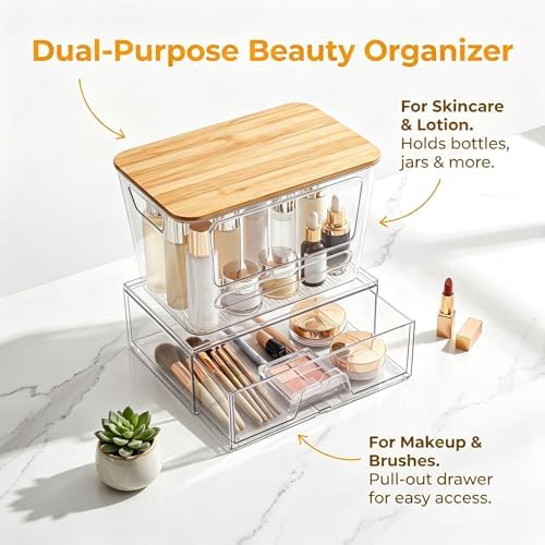 Trash Bag Dispenser Under Sink Organizer, Plastic Garbage Bag Holder with Bamboo Lid, Stackable Container for Dishwasher