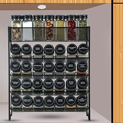 Skiileor Spice Rack Organizer with 28 Spice Jars, Black Lids, Spice Labels