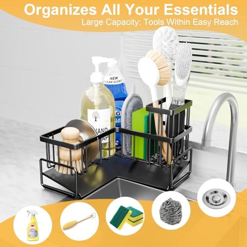 TEAMOLA Kitchen L-Shaped Sponge Holder - Large Metal Sponge Sink Caddy
