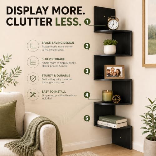 Greenco Corner Shelf, 5 Tier Shelves for Wall Storage, Easy-to-Assemble Floating Wall Mount Shelves for Offices, Bedroom