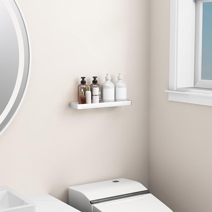 Danpoo 16-Inch Wall Shelf, Clear Tempered Glass with Matte Silver Aluminum Frame – Sleek Floating Bathroom Organizer
