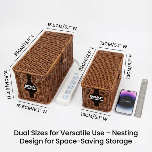 Wicker Cable Management Box, 2 Pack Large & Small Cable Organizer Box, Faux Rattan Hand-Woven Desk Organizer with 10 Cor
