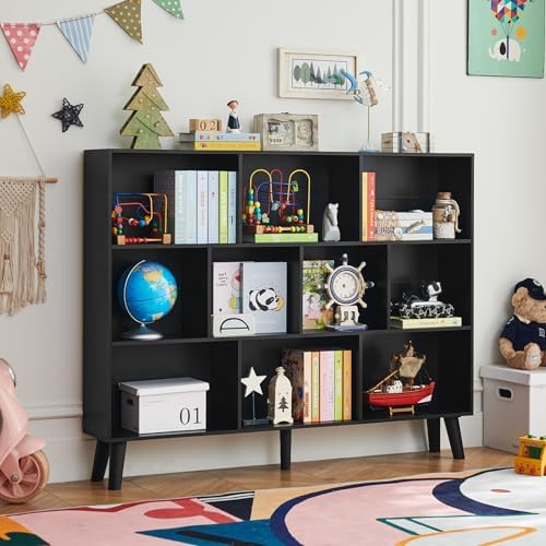 LEYAOYAO 10 Cube Bookshelf, Mid-Century Modern Book Shelf with Legs, Black