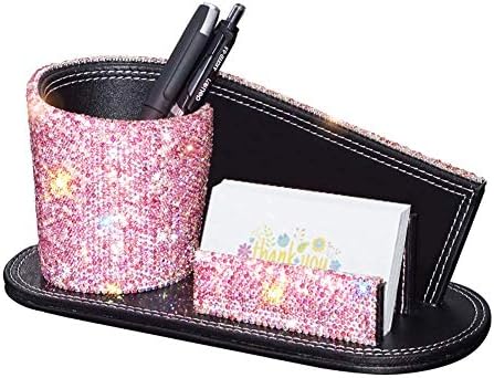 KEYPOWER Pen Pencil Holder Business Name Cards Decorative Bling Crystal Rhinestone PU Leather Gift for Women Girls (Pink)
