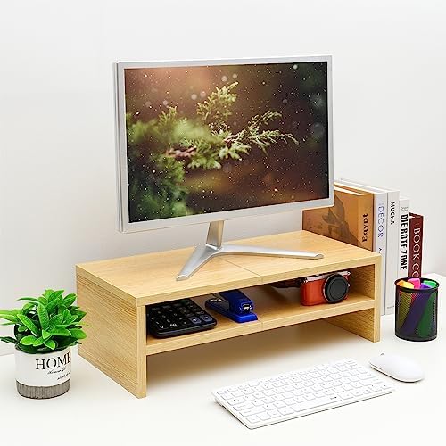 TEAMIX 20 inch Monitor Riser Stand - 2 Tiers, Wood Desktop Bookshelf, Maple