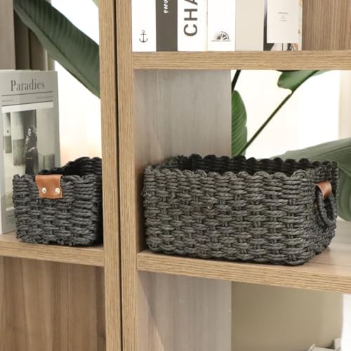 QINGTUHONE Woven Paper Rope Wicker Basket for Organizing(Set of 3,Black)