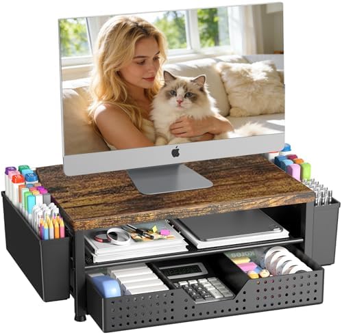 OPNICE Desk Organizers and Accessories, Computer Monitor Stand Riser with Drawer and 2 Pen Holders, Printer & Laptop Sta