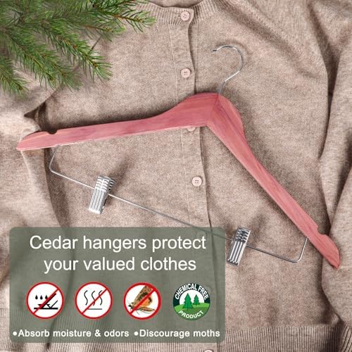 TOPIA HANGER American Red Cedar Wooden Hangers with Adjustable Metal Clips and 360° Swivel Hook, Premium Wood Clothes Hangers 20 Pack for Suit, Pant, Skirt, Jeans, Coat, Jacket-CT28C20