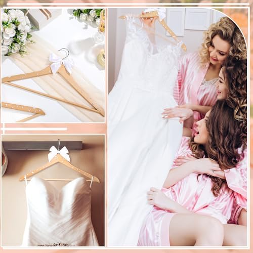 Wonderjune White 10 Pcs Bride Hanger for Wedding Bride Groom Bridesmaid Ribbon Bow Pearl Hanger Wood Color Elegant Wooden Dress for Bridal Shower Tuxedo Photo Keepsake Party Gift (Pearl Bow)