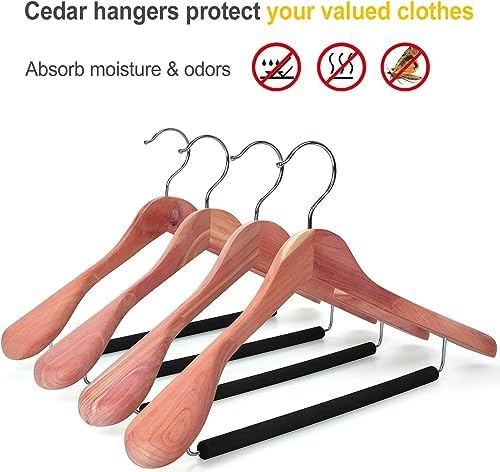 TOPIA HANGER Unfinished American Red Cedar Wood Coat Suit Hangers, Luxury Wooden Jacket Clothes Hangers, Wide Shoulder with Black Padded Pant Bar- 360°Flexible Hook, 6 Pack- Natural- CT07W-6