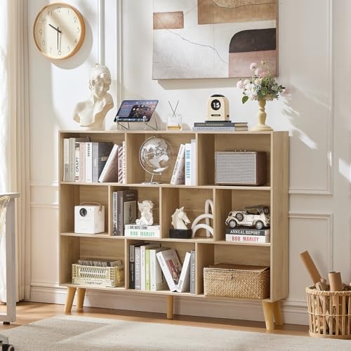 LEYAOYAO 10 Cube Bookshelf,Mid-Century Modern Bookcase with Legs,Light Wood