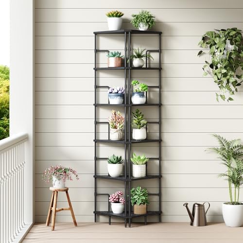 MAHANCRIS 6-Tier Corner Shelf, 65" Tall Corner Bookshelf with Metal Frame, Narrow Display Shelf Stand, Industrial Corner