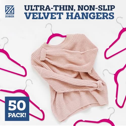 Zober Velvet Hangers 50 Pack - Heavy Duty Pink Hangers for Coats, Pants & Dress Clothes - Non Slip Clothes Hanger Set - Space Saving Felt Hangers for Clothing