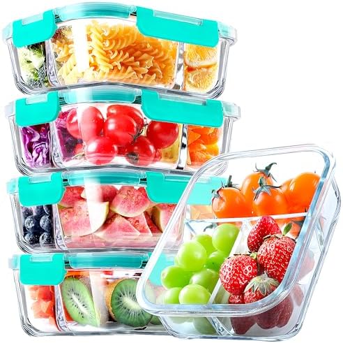 VERONES 5 PACK 36 OZ Glass Food Storage Containers 3 Compartment Set, Green