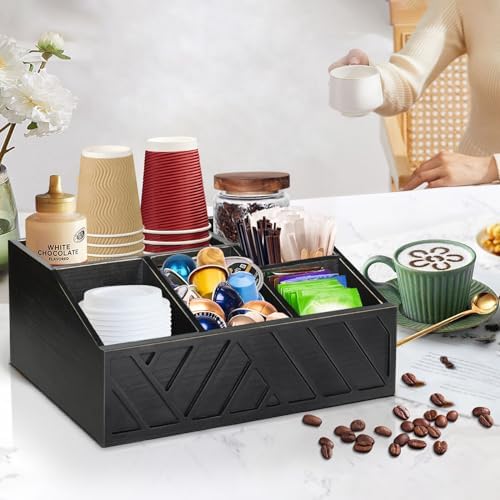 ugiftt Coffee Station Organizer for Counter, Wood Coffee Pods Holder Storage Basket, Tea Condiment Storage Organizer, Ru