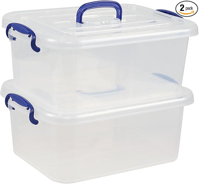 Morcte 8 L Clear Latching Box, Plastic Storage Bin with Handle, 2-Pack