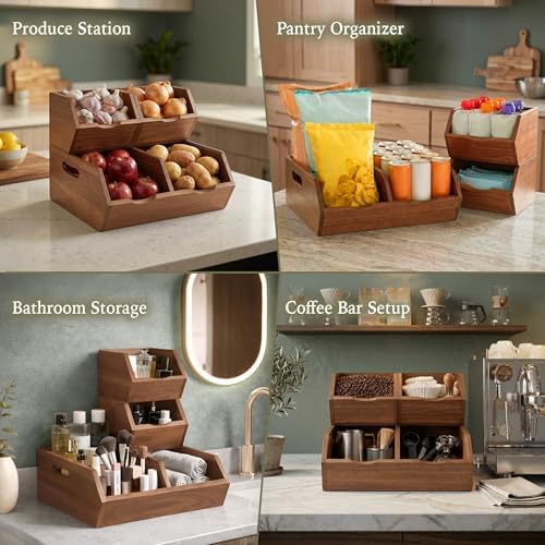 Acacia Pantry Storage Bins Set of 3, Stackable Potato Onion Wood Baskets