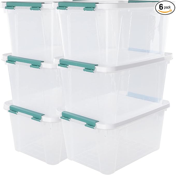 Xyskin 20 Quart Clear Plastic Storage Boxes with Latching Lids, 6-Pack | Stackable Container Bin for Closet, Pantry, Kitchen, Garage and Dorm Organization, Clear Storage Box witth Green Secure Latch