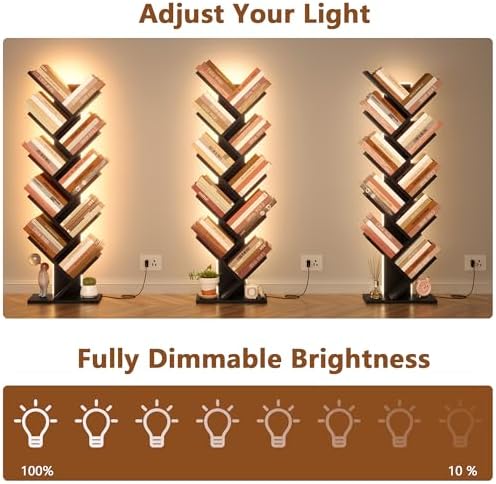 Hoctieon 10 Tier Tree Bookshelf with LED Lights, Small Bookcase, Freestanding Book Shelf, Display Floor Standing Storage