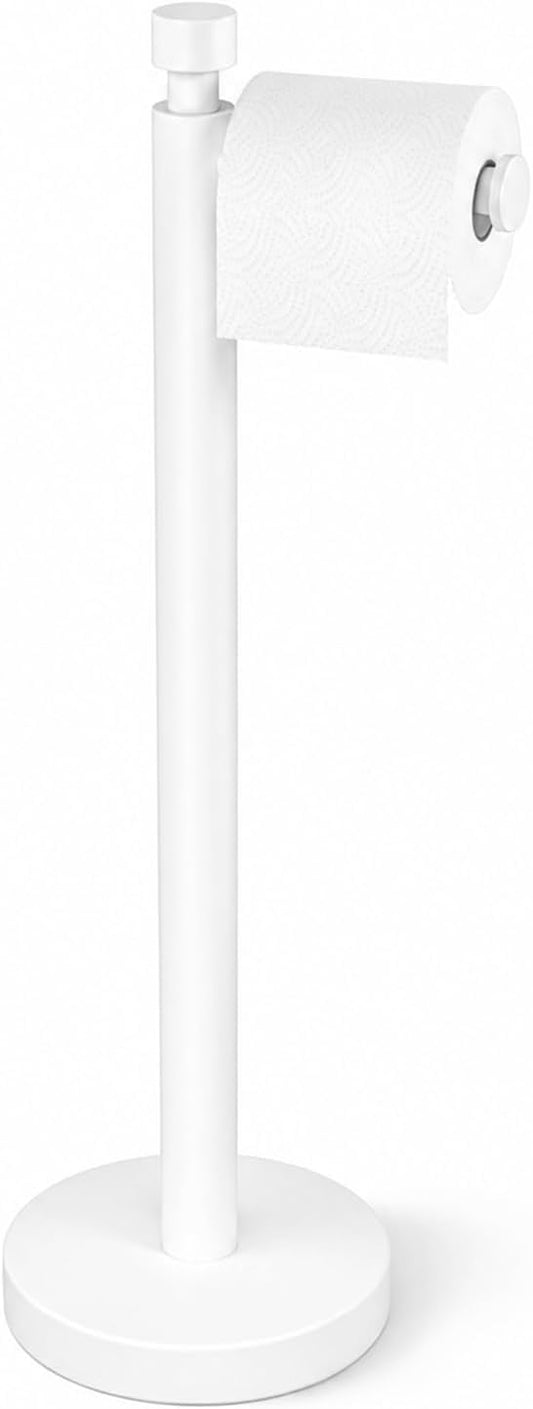YUMORE Toilet Paper Holder Stand with Weighted Base, Matte White | Stainless Steel Design with Open-Arm Access for Bathrooms and Powder Rooms