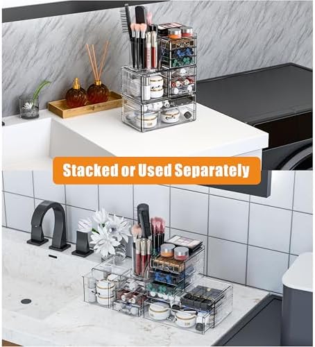SuoXing 3 Pack Clear Acrylic Makeup Organizer for Vanity With 9 Drawer, Skincare Organizers Countertop With Make up Brus