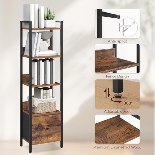 MAHANCRIS Bookshelf, 5-Tier Bookcase with Drawer, Small Book Shelf for Small Space, Storage Shelf Organizer, for Living 