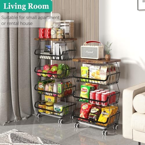 CHLORYARD Fruit Basket with Wooden Lid for Kitchen, 4-Tier Stackable Wire Fruit Vegetable Storage Basket Organizer Stand