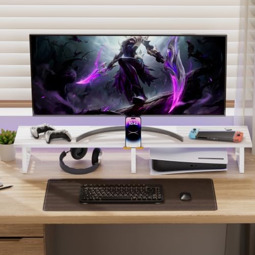 TEAMIX 42 inch Dual Monitor Stand with Storage Drawer & Phone Holder, White