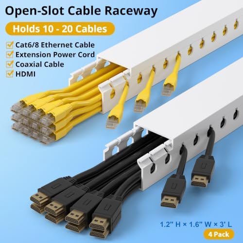 1.2"H x 1.6"W Cable Raceway, 12ft Under Desk Wire Management Channel, White