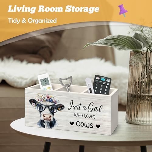Cow Inspirational Pen Holder Organizer for Desk Accessories, Just a Girl Who Loves Cows Farmhouse Wooden Box Sign Desk Decorations for Home Classroom Dorm Office Tabletop Decor