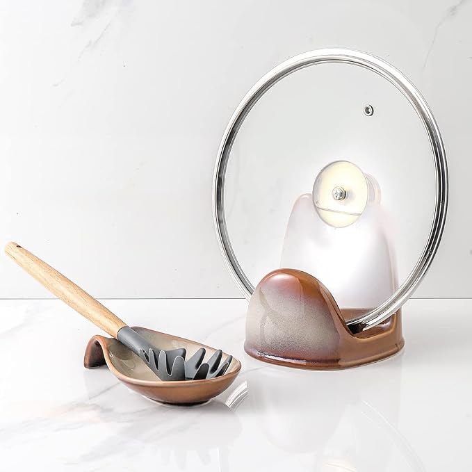 Nihow Ceramic Pot Lid Holder While Cooking for Kitchen Counter/Stove Top | Catch Water & Oil Drips,Stable & Secure,Heat Resistant,Easy to Clean & Dishwasher Safe,Space-Saving,Multi-Purpose Holder