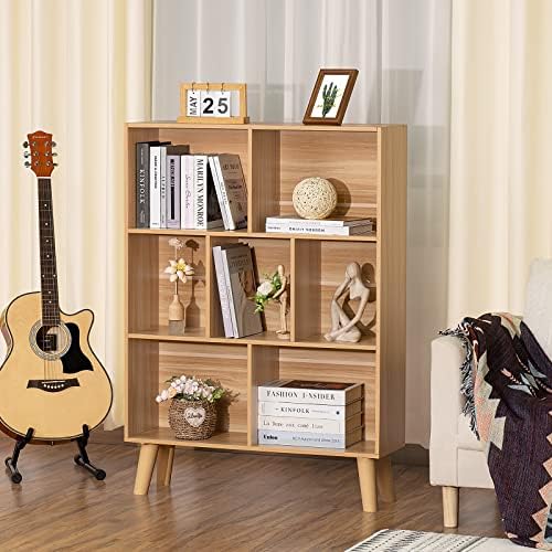 LEYAOYAO Cube Book Shelf, Mid-Century Modern Bookshelf with Legs, Natural