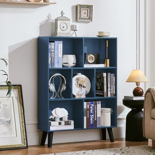LEYAOYAO Cube Bookshelf, Mid-Century Modern Book Shelf with Legs, Dark Blue