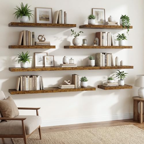72 Inch Floating Shelves for Wall Set of 2,9.3" Deep Wall Shelves,Rustic Wood Wall Mounted Book Shelves with Invisible B