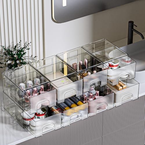 ZHIAI 8 Pack Clear Stackable Storage Drawer, Acrylic Drawer, Cosmetic Organizer, Plastic Organizer for Dresser, Under, K