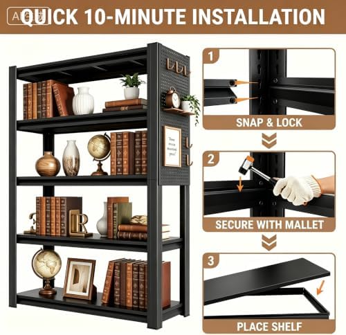 PRESTELION Heavy Duty 5 Tier Metal Bookshelf with Pegboard and Hooks